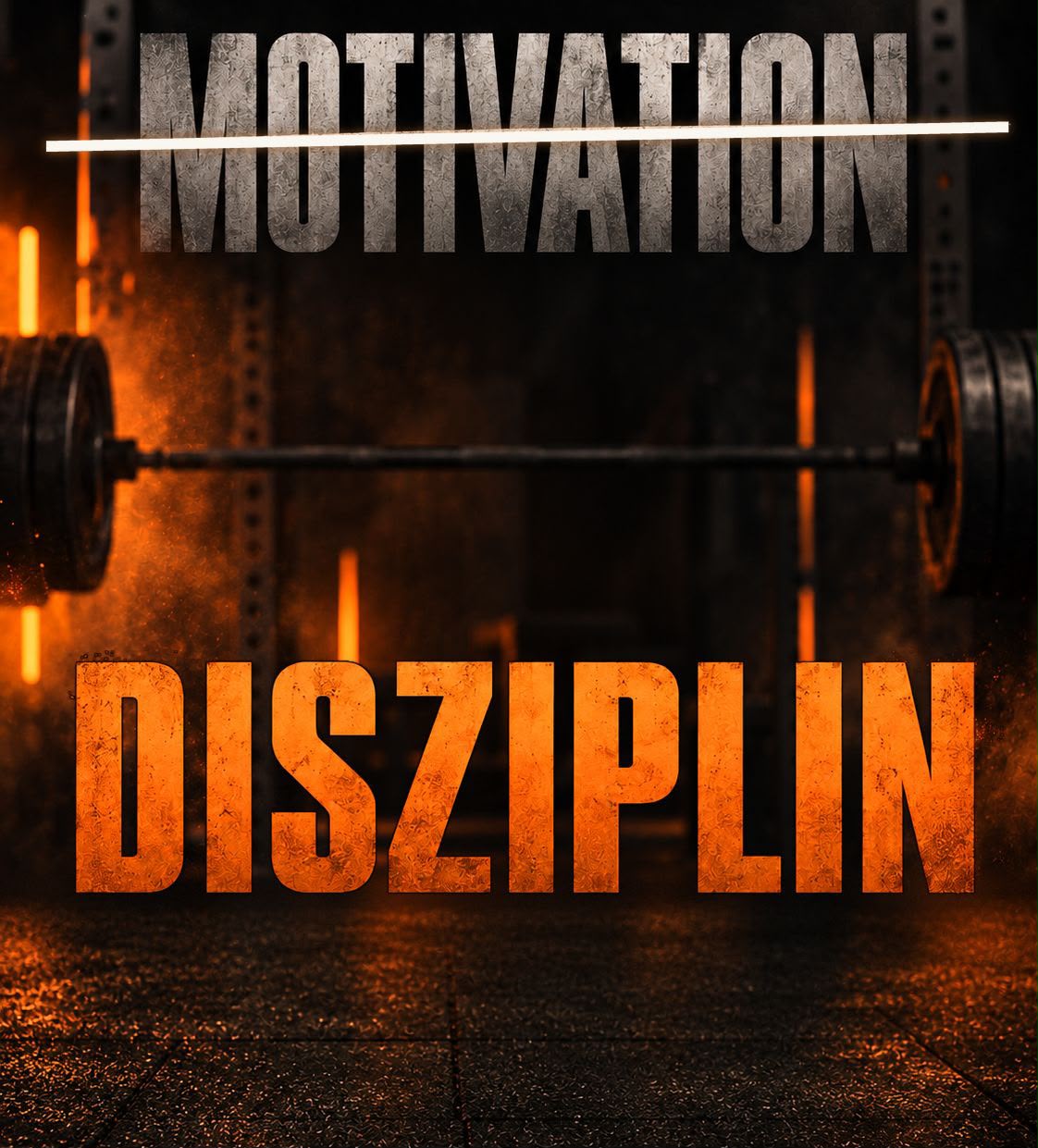 Motivation durchgestrichen, Disziplin orange hervorgehoben vor einer Langhantel